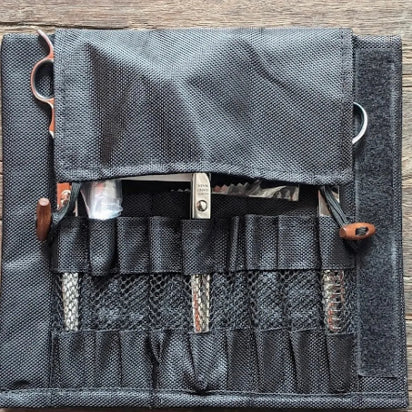 Delta Designer Set of 4 Dog Grooming Scissors Set in black travel pouch showing how they sit