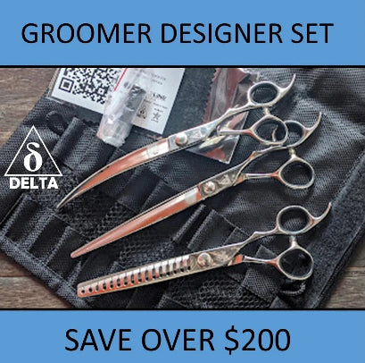 Delta Dog Grooming Scissors Designer Set with black holding pouch top view