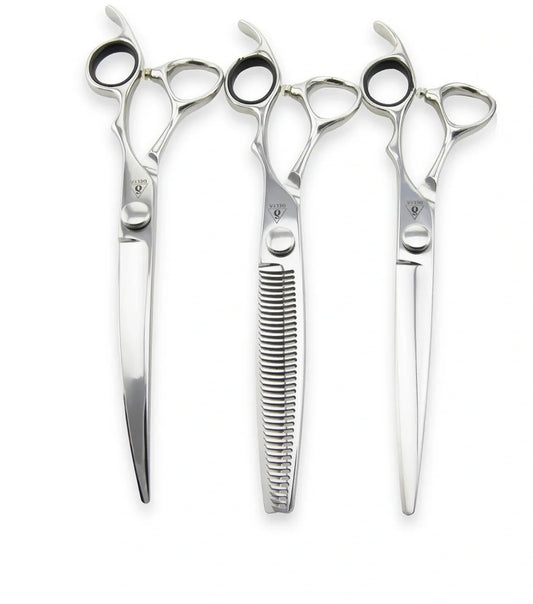 Delta Set of 3 dog grooming scissors set top view with all scissor detail